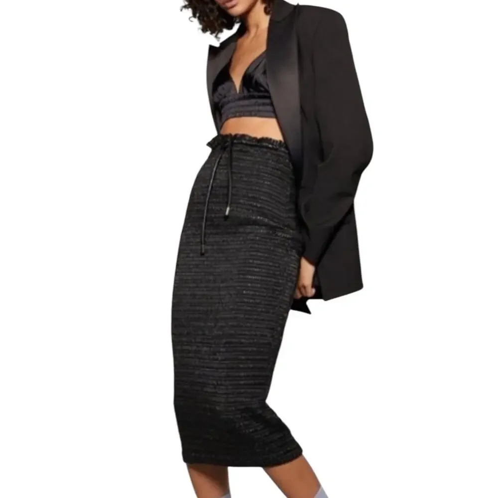 NEW ALC Jaclyn Black Coated Ruched Drawstring Midi Skirt NWT Size 8